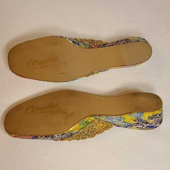 Vintage 1960's Oophies brocade slippers * gold multicolor * 7.5 N - Picture 10 of 11